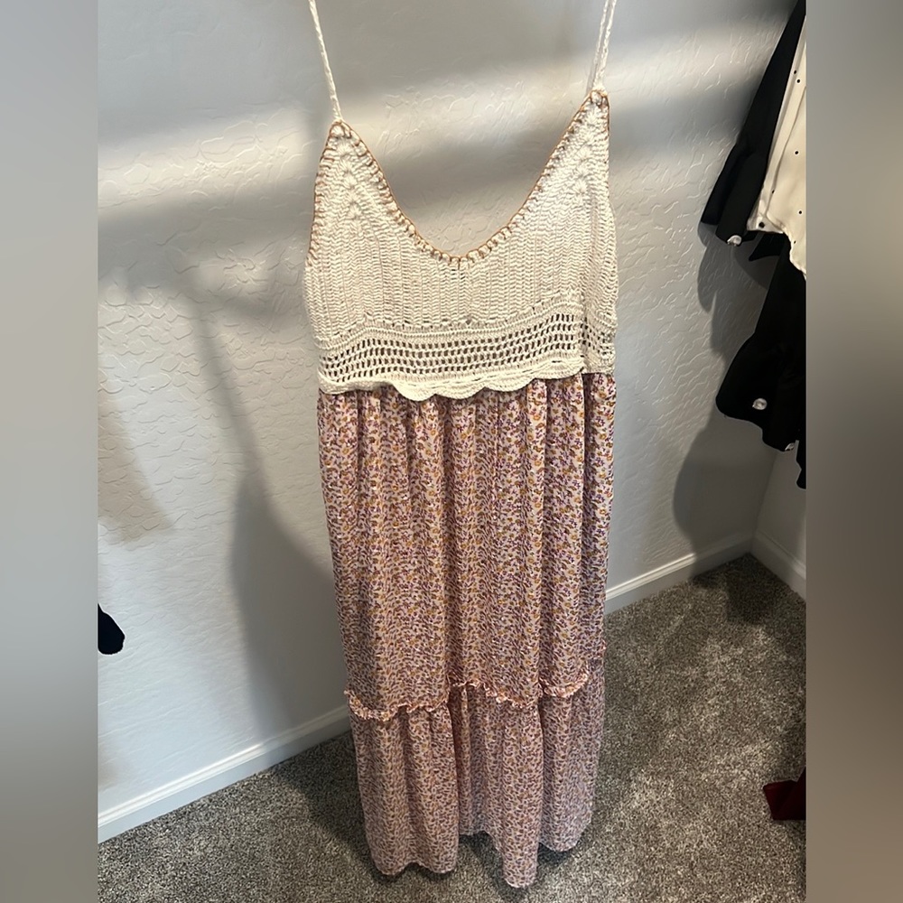 ZARA CROCHET COMBINATION MIDI DRESS PINK / CREAM